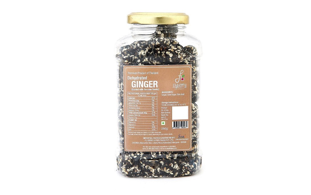 Flyberry Gourmet Dehydrated Ginger (Coated with Sesame Seeds)   Plastic Jar  250 grams